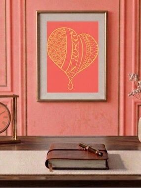 Linocut by Khephra Red and Gold Heart Art Print Unframed